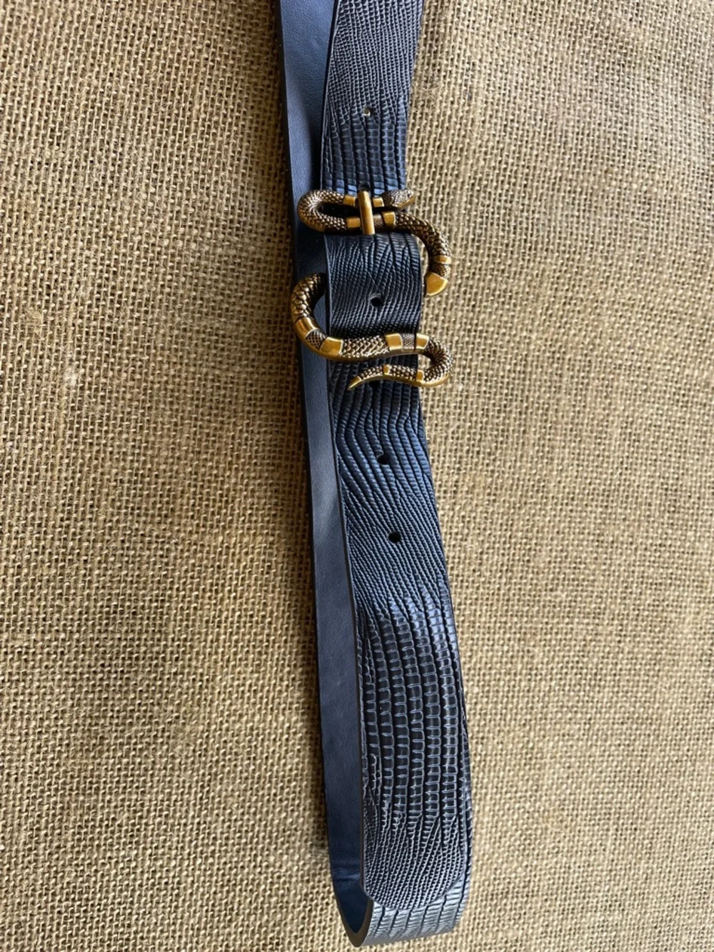 Faux Croc Textured Leather Belt with Gold-Tone Double Snake Buckle Accent